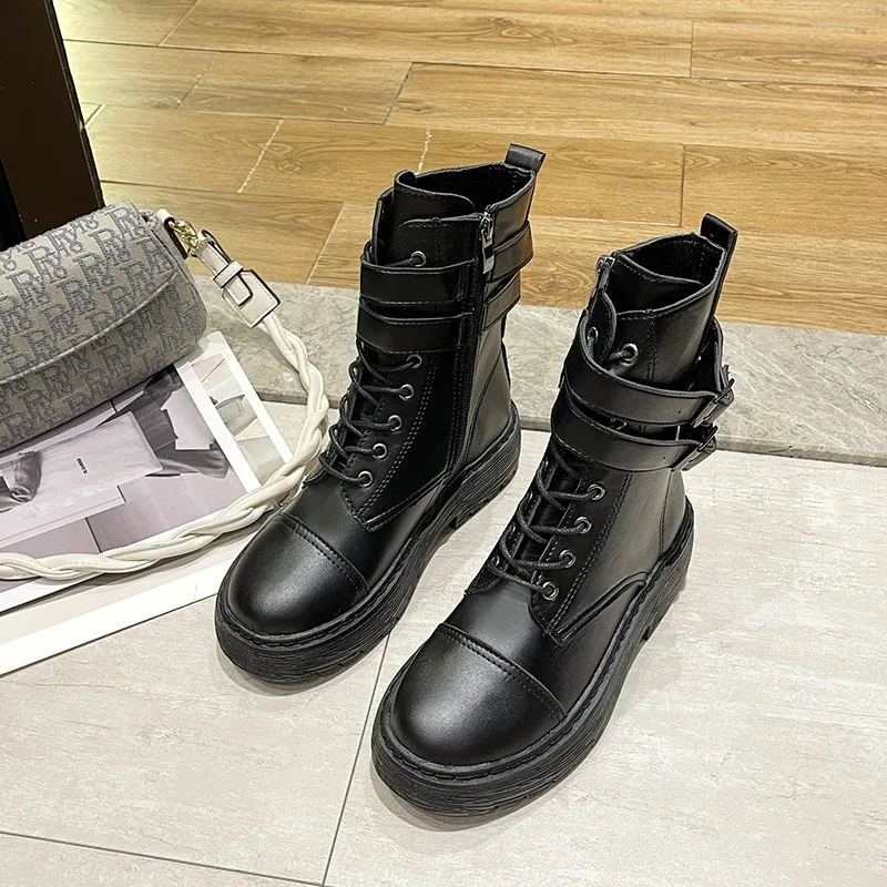 Platform women's ankle boots 2022 autumn and winter warm plush PU leather Botas Mujer platform lace-up shoes women