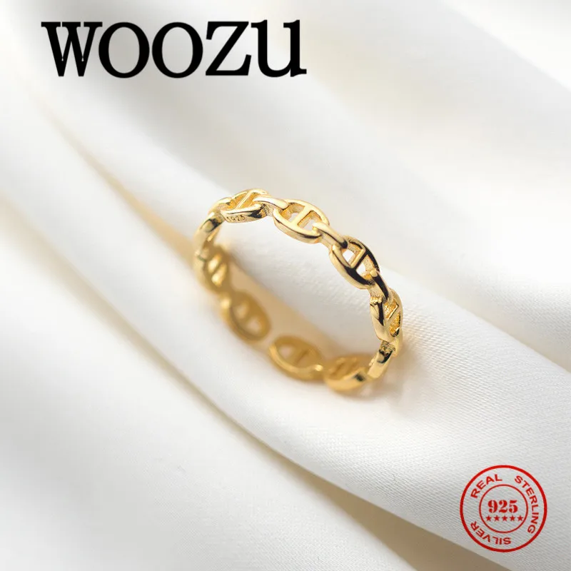 

WOOZU Fashion Gold Cuban Chain Pig Nose Adjustable Finger Ring for Women Real 925 Sterling Silver Romantic Wedding Jewelry Gift