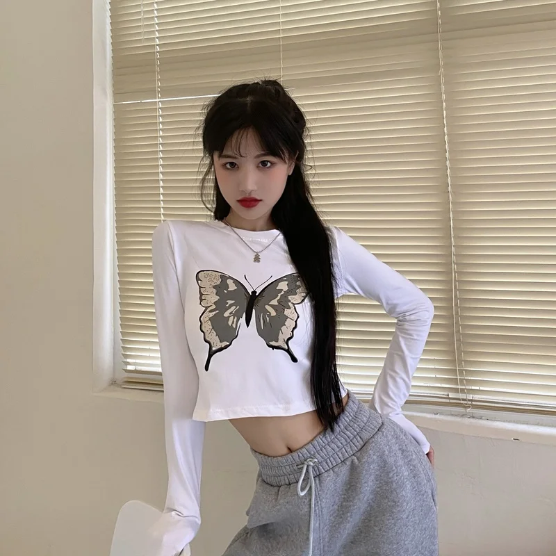 

Mazefeng Women Butterfly Print T-shirt Aesthetics Graphic Long Sleeve Cotton T Shirts Female Camisetas Verano Mujer Bare Midriff