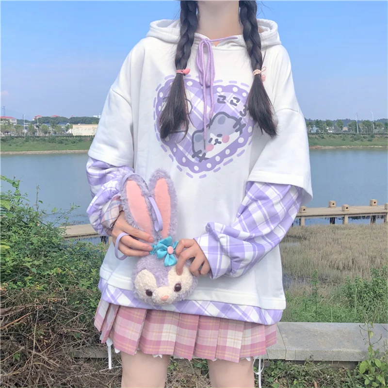 

Japanese Kawaii Soft Girl Sweety Shirts Patchwork Splicing Pullover Full Sleeve Cartoon Printed Loose Kawaii Hooded Sweatshirts
