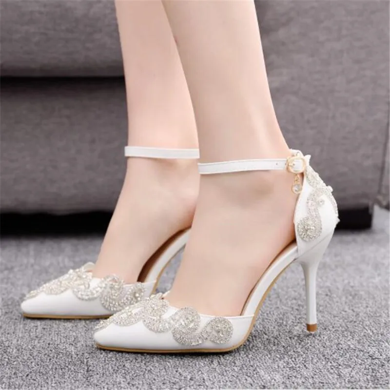 

9cmstiletto single shoe simple elegant pointed white high heels rhinestones wedding bridal shoes high-end large size women shoes