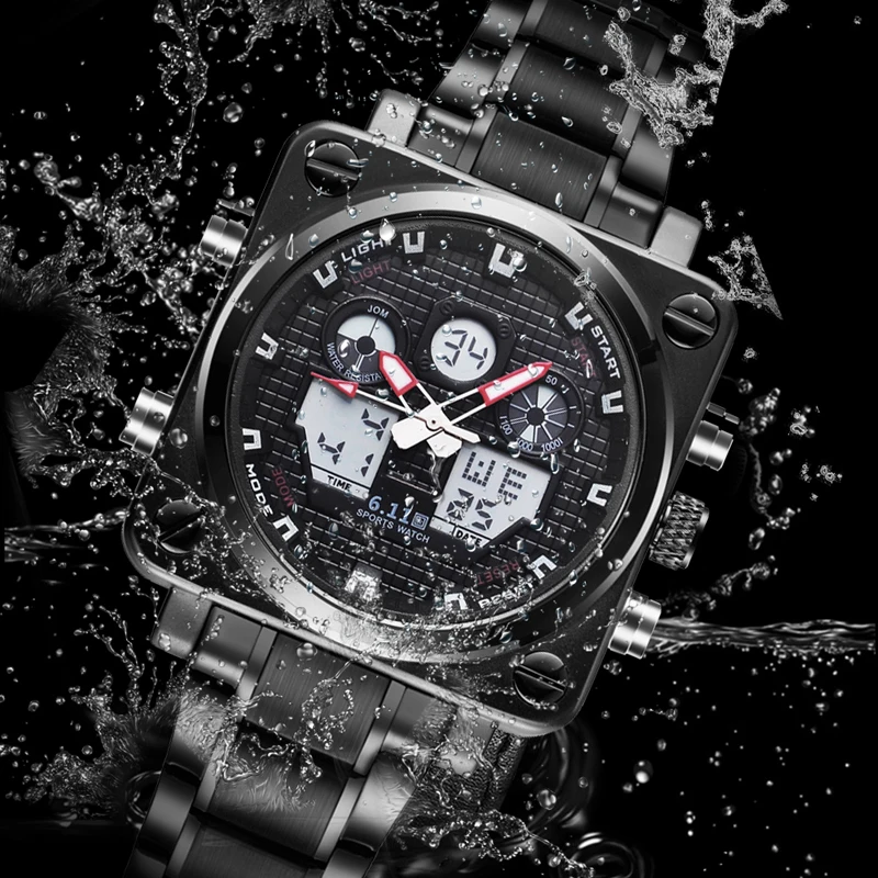 6 11 мужские модные наружные квадратные часы полностью стальные светодиодные