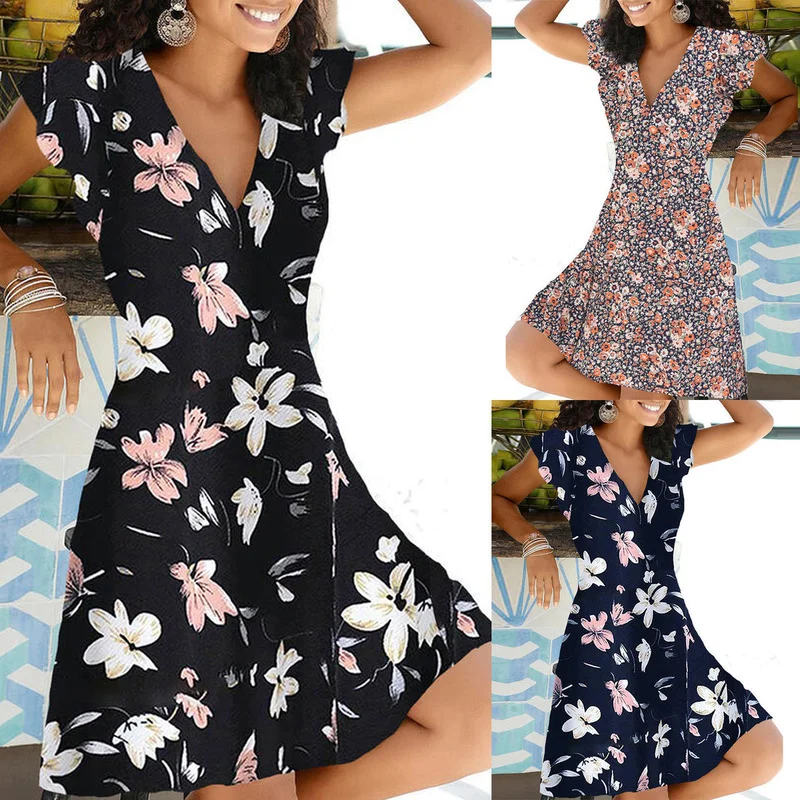 

Женское платье с коротким рукавом, V-образным вырезом и цветочным принтом