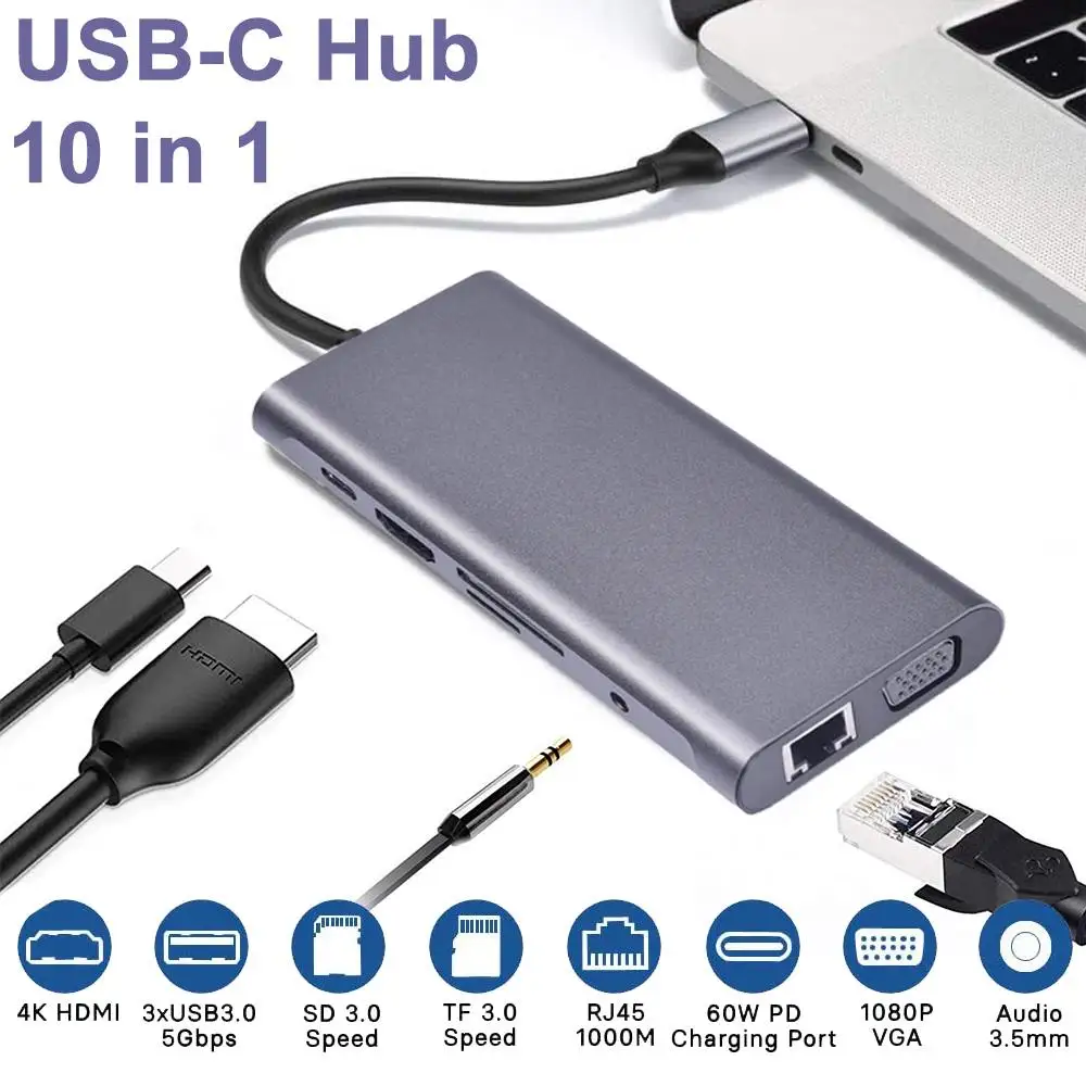 

10 in 1 USB 3.0 Hubs Adapter Aluminum Alloy USB Hub 4K 30HZ HD Adapter Portable Laptop PD Charging SD &TF Card Reader RJ45