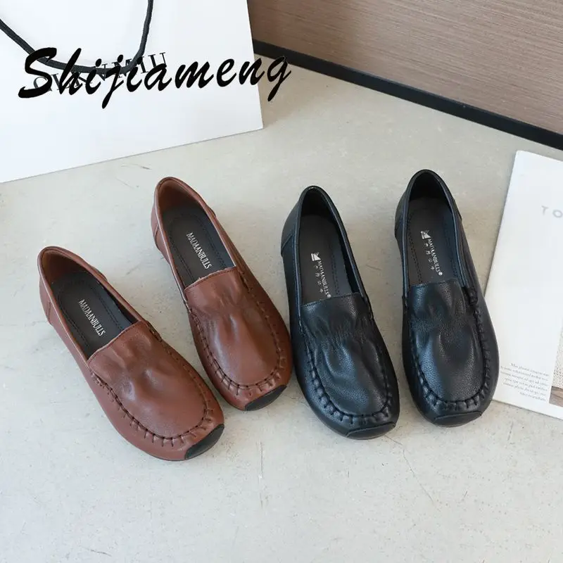 

Top leather women's casual shoes 2021 summer new leather women's shoes low top round head solid color flat shoes