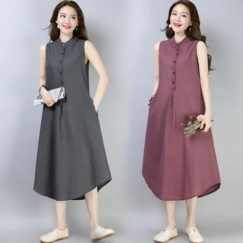 

Женское свободное платье с карманами, повседневное однобортное платье-трапеция из хлопка и льна, модное летнее платье в Корейском стиле без...