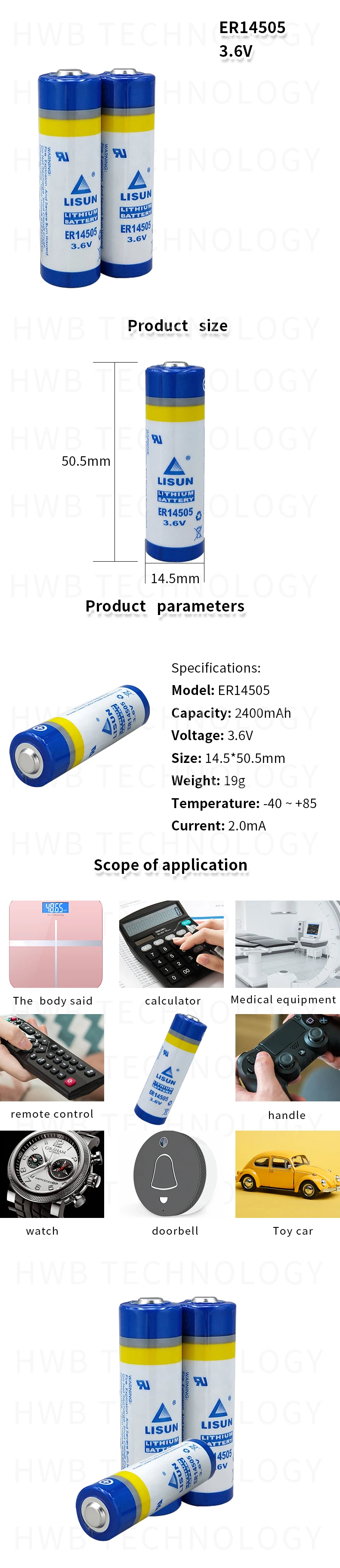 10 шт./лот, новинка для LISUN 3,6 V, сменная батарея ER14505 LS14500, литиевая батарея AA 3,6 V 2400 mAh, литиевая батарея