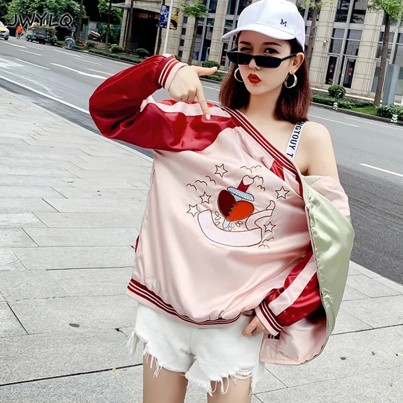 

Double-sided Heart Embroidery Baseball Uniform Harajuku Zipper Long Sleeve Women Coats Spring Autumn Loose Jacket Women Clothing