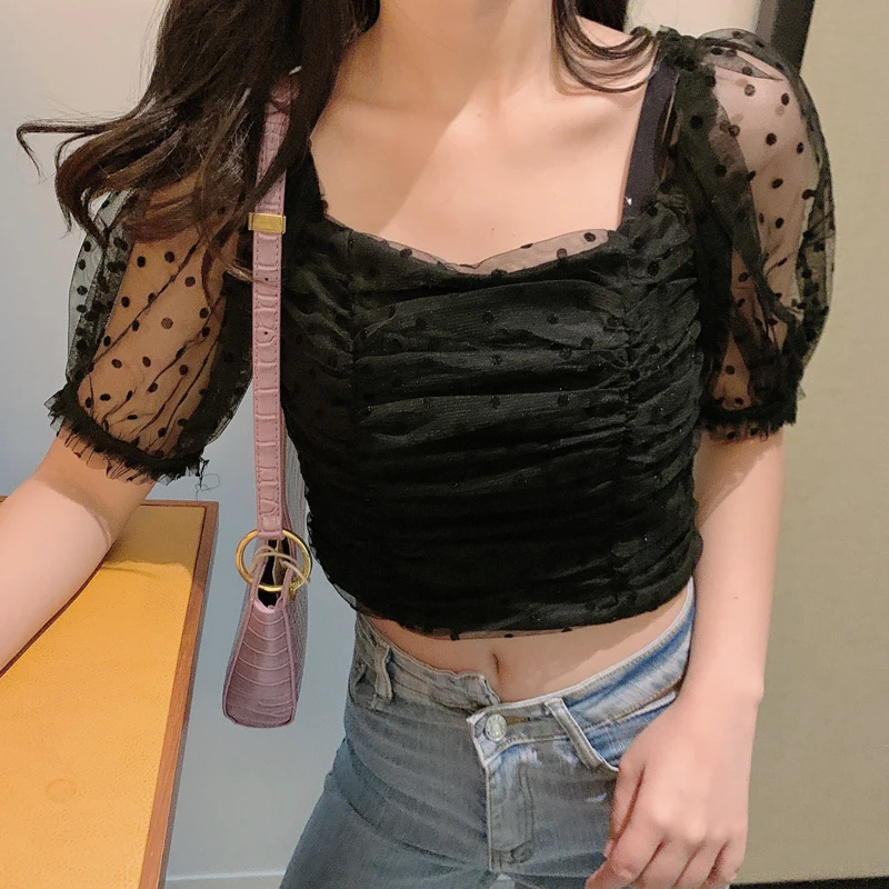 Женская блузка в горошек короткая сетчатая рубашка с квадратным вырезом и