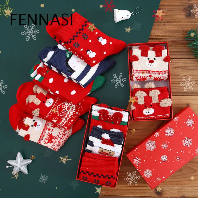 FENNASI, 10 пар, женские носки, зимние рождественские носки, цветные хлопковые, красные, рождественский подарок, милый Принт, носки теплые, мягкие, зимние носки