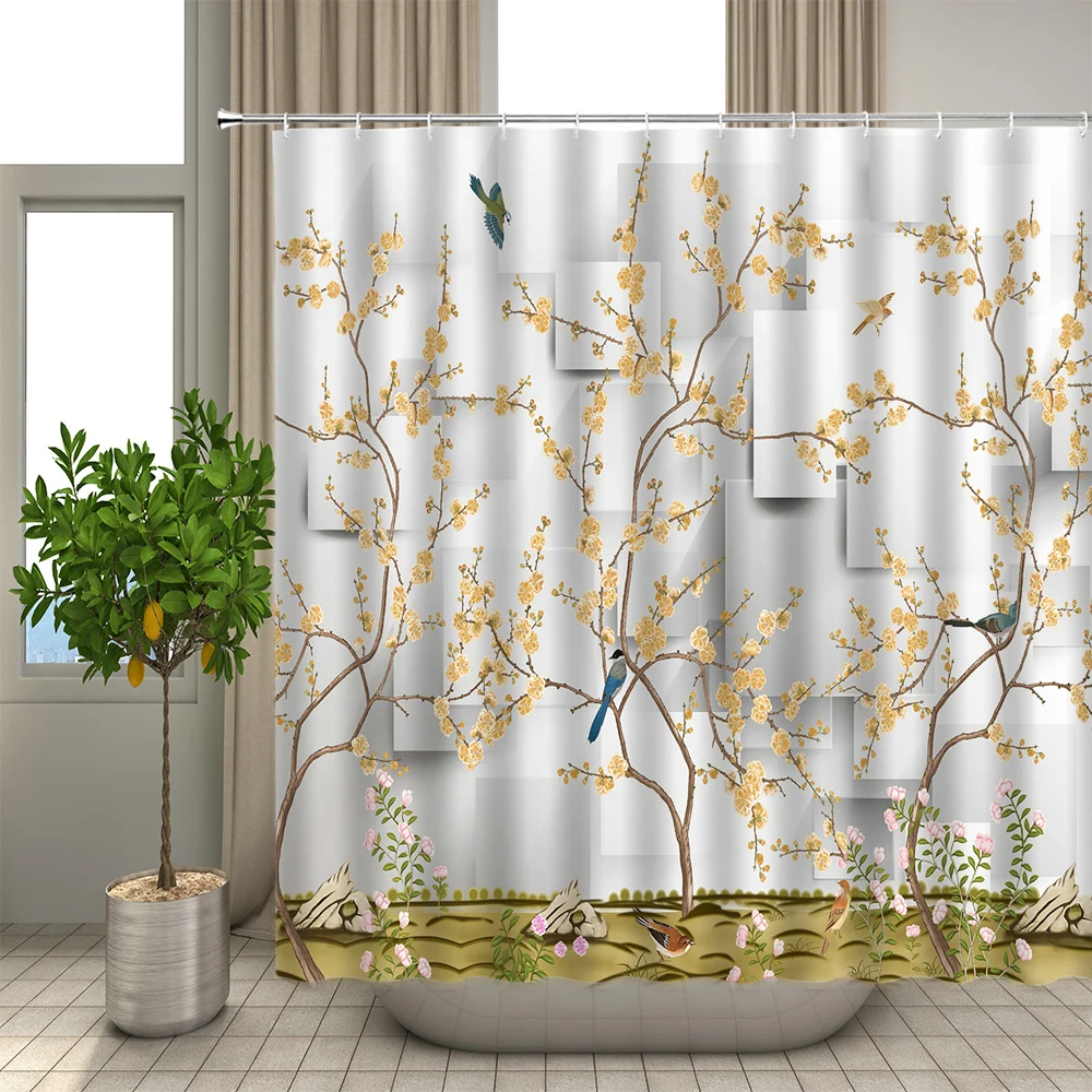 

Flower Birds Printing Simple Shower Curtains Waterproof Polyester Fabric Leaves Plant Landscape Curtain Bathroom With Hooks