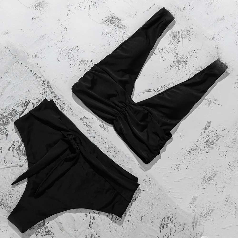 

Однотонное бикини с эффектом пуш-ап, черное Бандажное бикини с подкладкой, купальник с высокой талией, купальник, женское сексуальное брази...