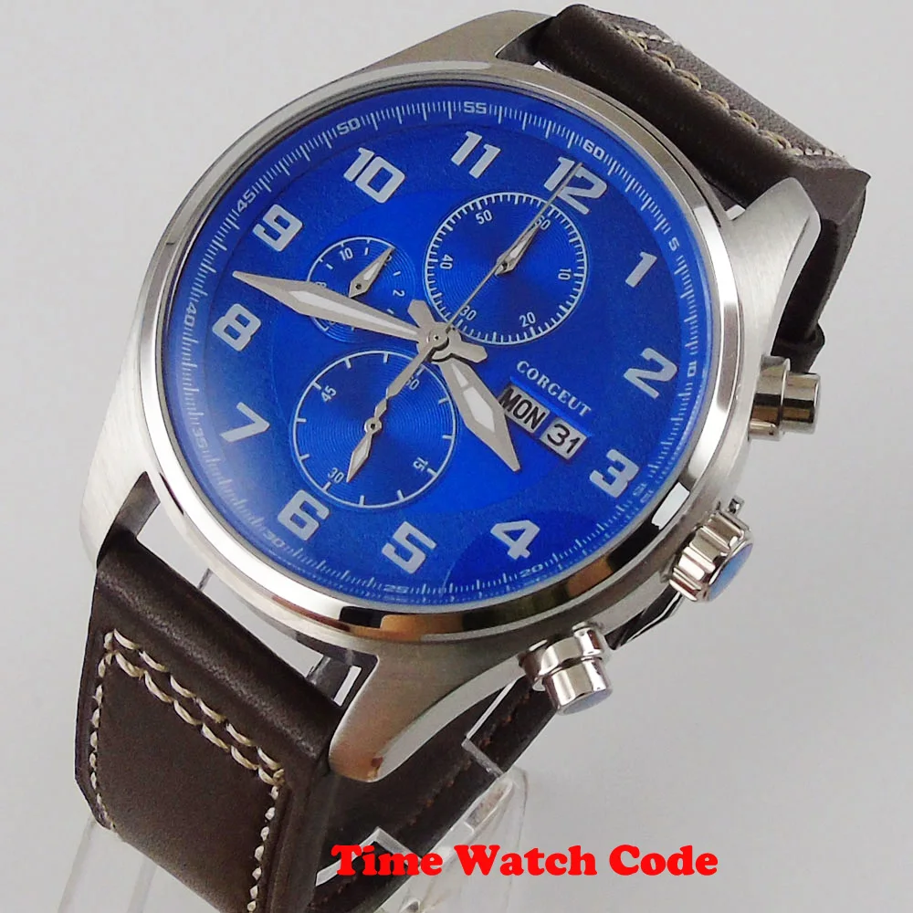 

Corgeut 42mm Quartz Movement Men's Wristwatch Chronograph Week Date display Stop watch leather strap blue dial calendar