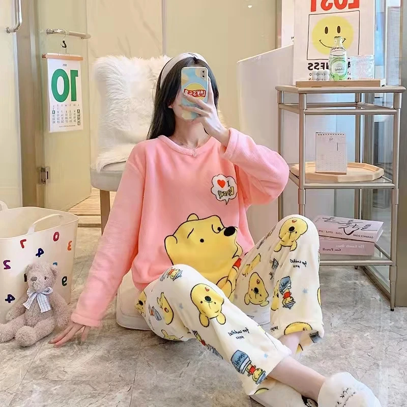 Girls Cute Pajamas 2 Pieces Anime Homesuits Kawaii Pyjama Coral Velvet Winter Clothes for Women Full Length Kawaii Japan Pyjama