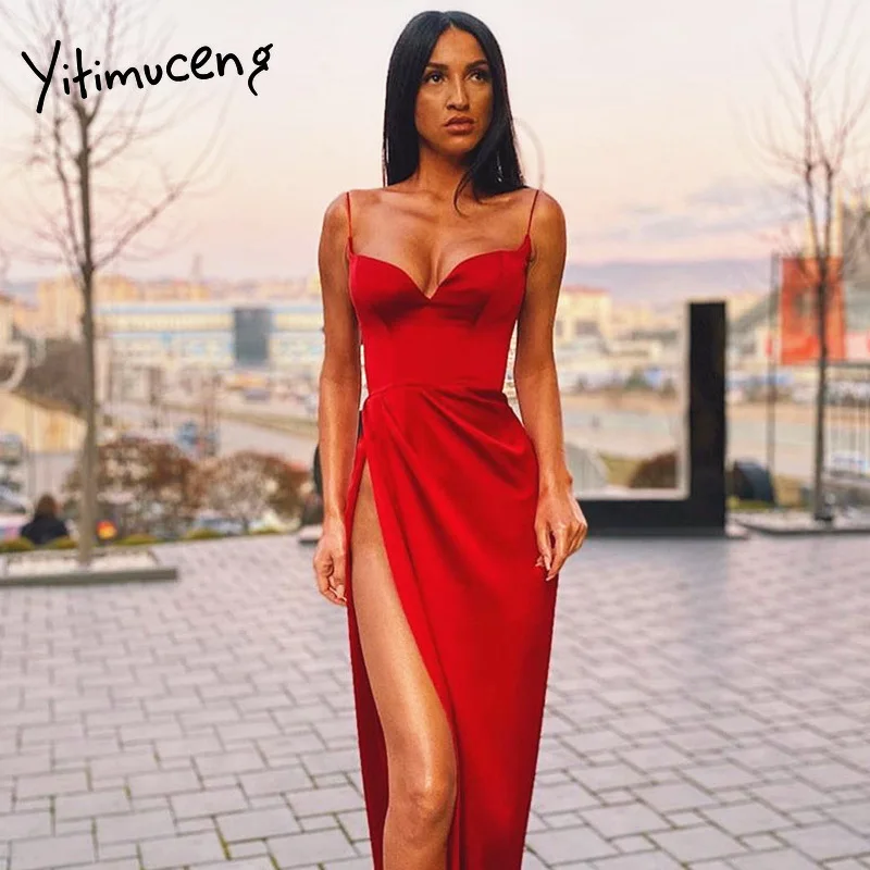 Сексуальное платье Yitimuceng на бретелях спагетти с молнией Клубное до середины икры