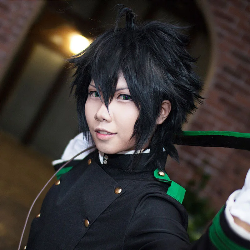 LANLAN Seraph end Cosplay wig Black pale gold element pink M bangs with reversed ends and long sideburns High temperature fiber |