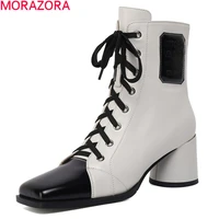 morazora genuine leather boots fashion square toe high heels boots women autumn winter black white color ankle boots shoes
