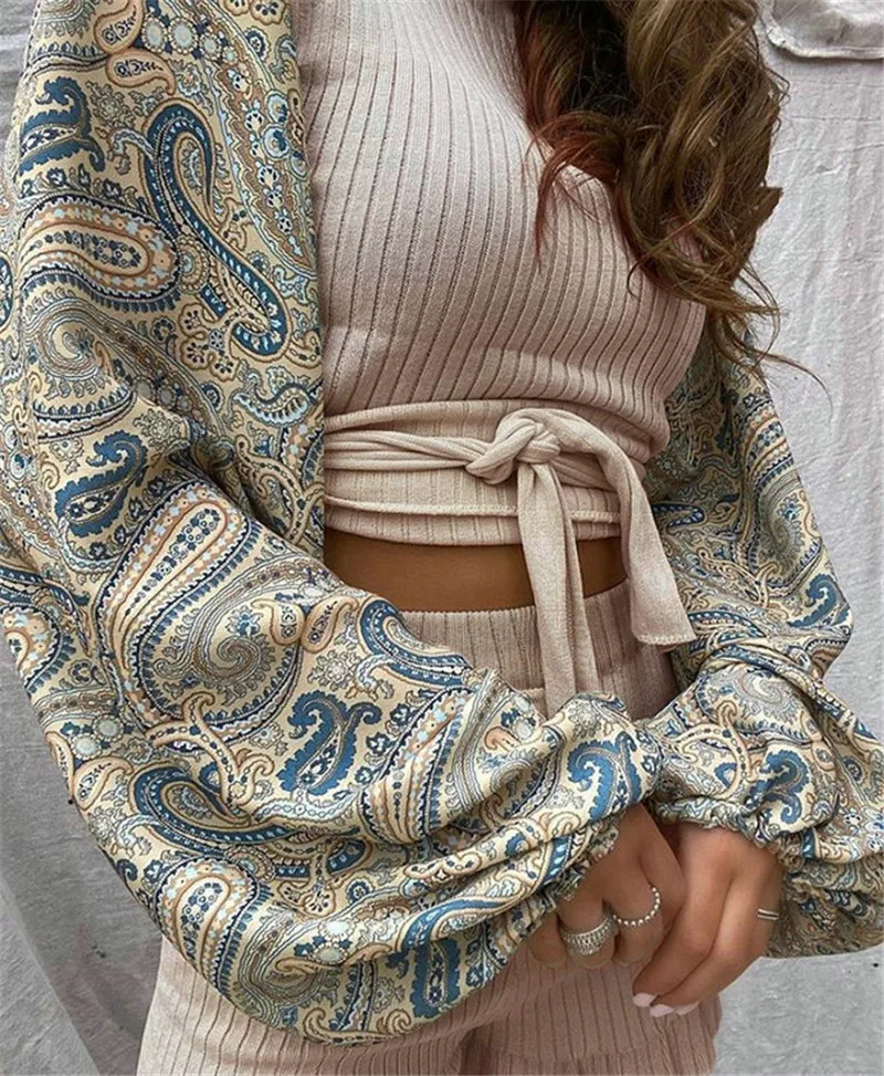

Fashion Women 2 Piece Outfits Patchwork Design Belt Ruffles Decor O-Neck Long Lantern Sleeve Print TOP+Elastic High Waist Shorts