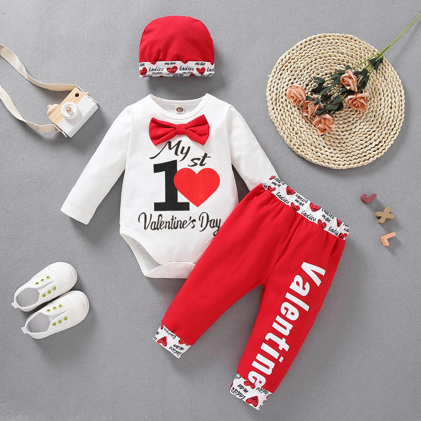0M-24M Newborn Infant Baby Boy Girl Valentine's Day Letter Romper Bodysuit Hearts Pants Long Sleeve Outfits Baby Clothes Set