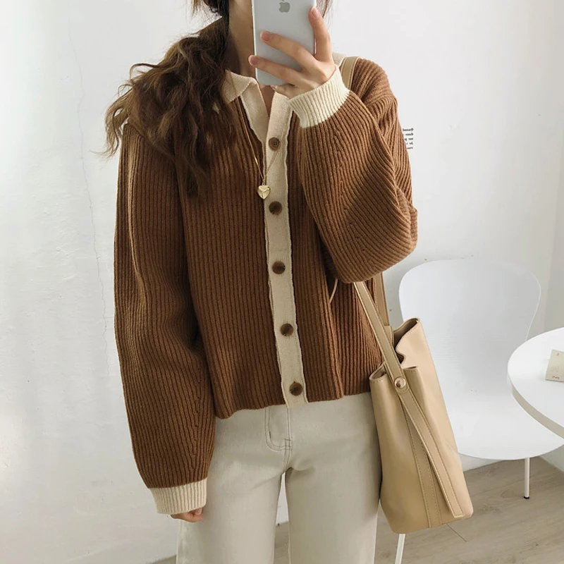 2 цвета 2019 осень зима корейский стиль цветной лоскутный свитер вязаный кардиганы