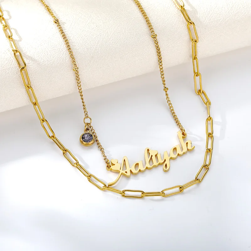 

Double Custom Name Birthstone Necklaces For Women Friend Gold Stainless Steel Chain Pendant Necklace Birthday Jewelry 2021 BFF