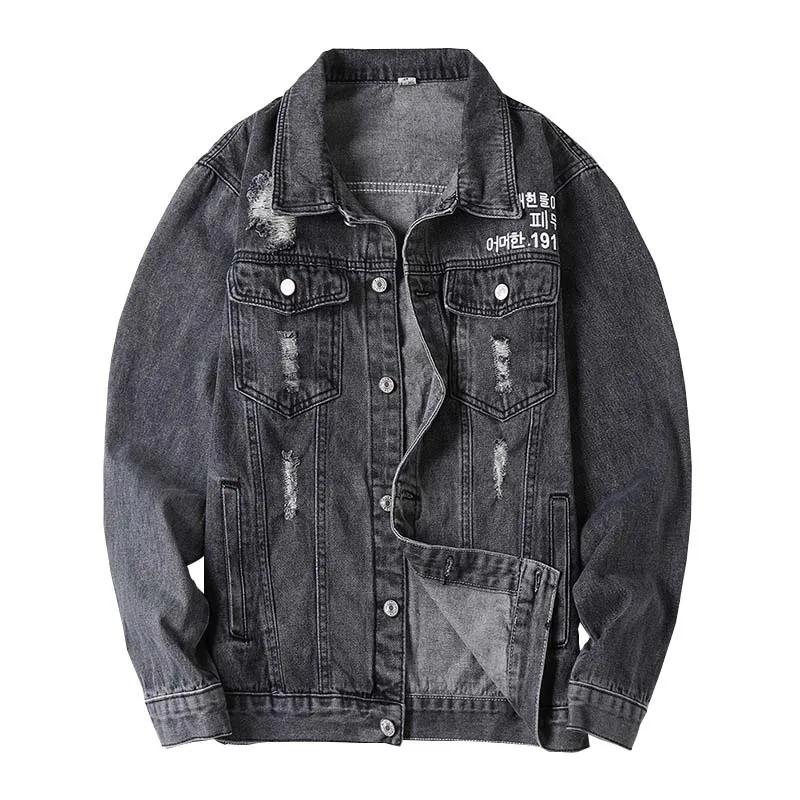 KIOVNO мужские модные рваные джинсовые куртки верхняя одежда с буквенным принтом для мужчин черный|Мужские