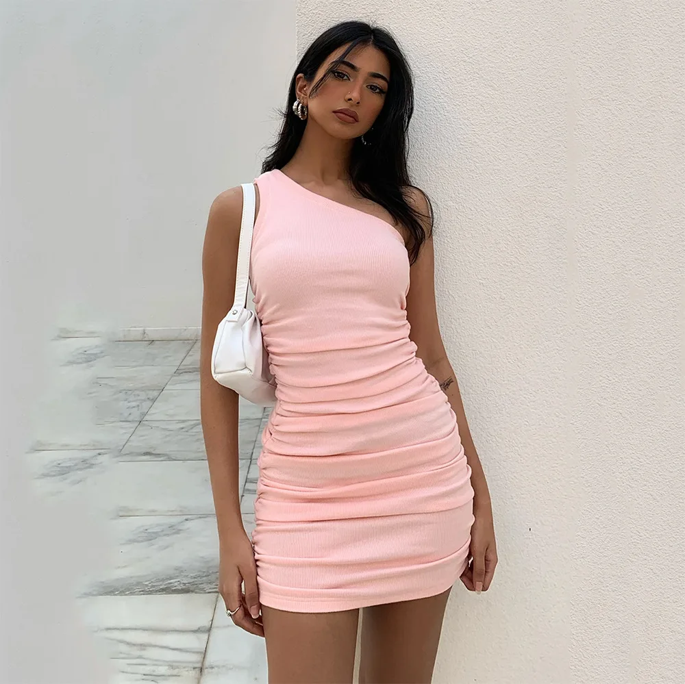 

Women's Summer Dress Femme Robes One-shoulder Pleated Bodycon Pencil White Dresses For Woman Sleeveless Sundress Female Vestidos
