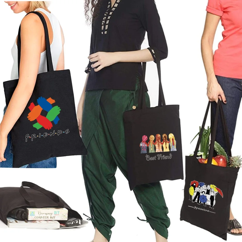 

Shopping Bag Tote Bags Harajuku Shopper Bag Women Canvas Shoulder Bag Travel Friends Print Pattern Large-capacity Handbag