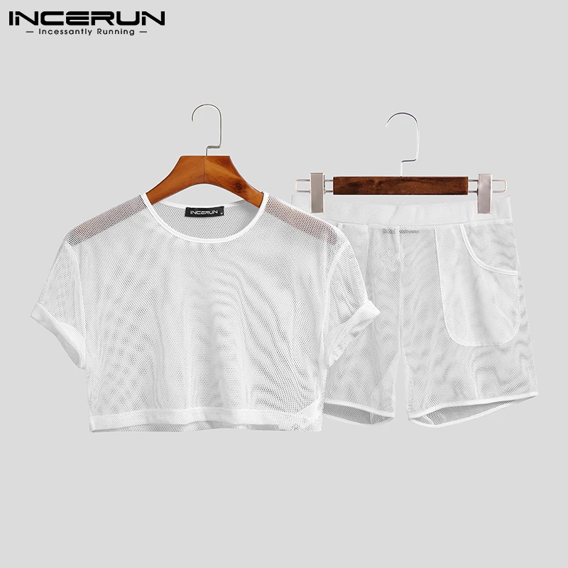

Hot Sale Homewear Suits Short Sleeve Shorts Men Comfortable Breathable Mesh Loose Short Sleeve Shorts Sets S-5XL 2021 INCERUN