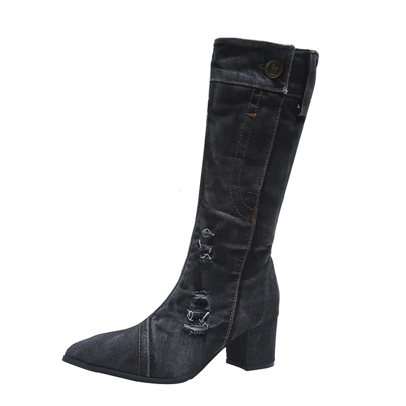 

Retro Women 's Boots New European and American Thick Heel Pointed Denim Boots Four Seasons Single Boots Cowboy Boots Plaid