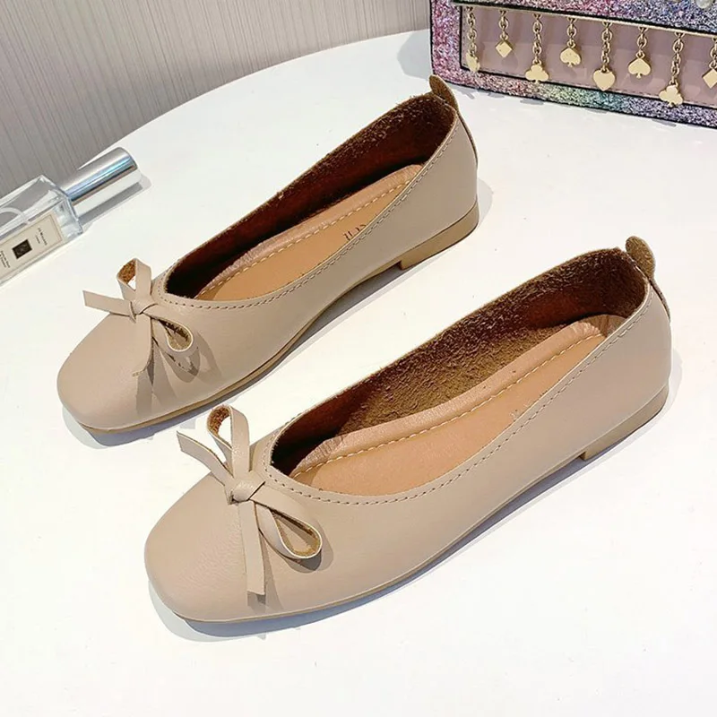

Women Bow Flats Leather Slip on Flat Shoes For Woman Shallow Single Shoes Butterfly Knot Loafers Green Female Boat Shoes 8491C