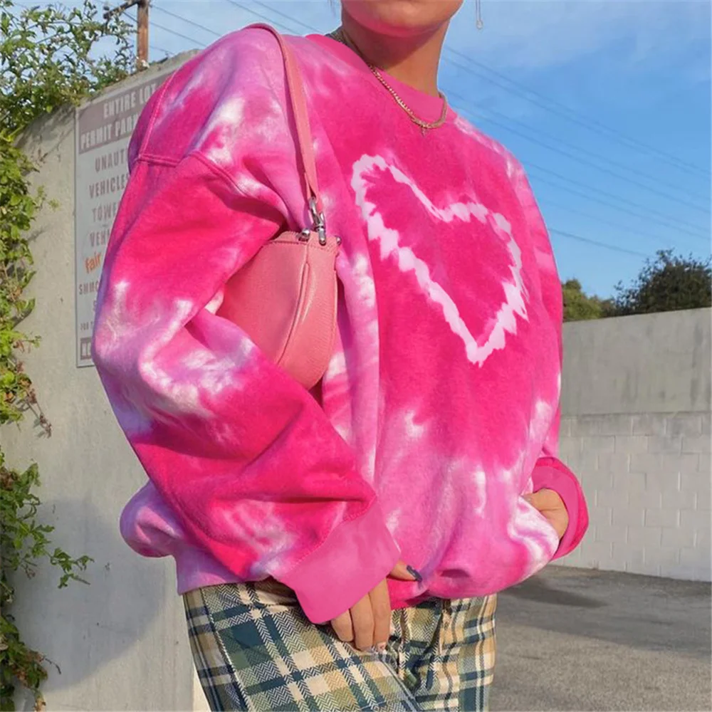 

Y2K Heart Pattern Aesthetics Oversized Sweatshirts Women 2021 E-Girl Tie Dye Crewneck Long Sleeve Pink Tops Autumn Pullovers