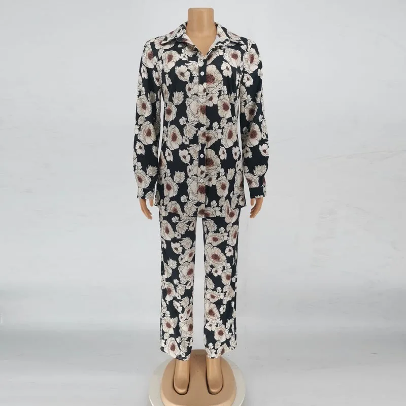 Ladies Clothes Sexy 2 Pieces Sets Trun Down Collar Print Long Coat+wide Pants Outfits Suits Party Clubwear Women Two Piece Set |