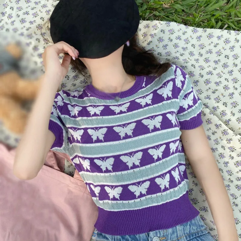 

Women Casual Round Neck Hollow Butterfly Knitted Tops Summer Beach Wear Short Sleeve Knitted Sweater