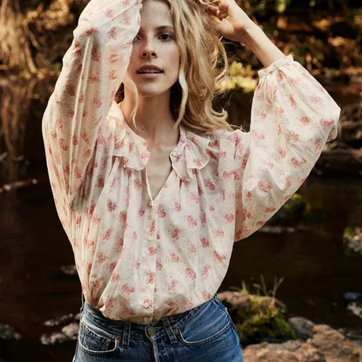 

Floral Sweet Ruffled Shirt Women Casual Pastoral Autumn Cotton Long Sleeve Print Top Blouse 2020 Fall Loose Clothing Tunique