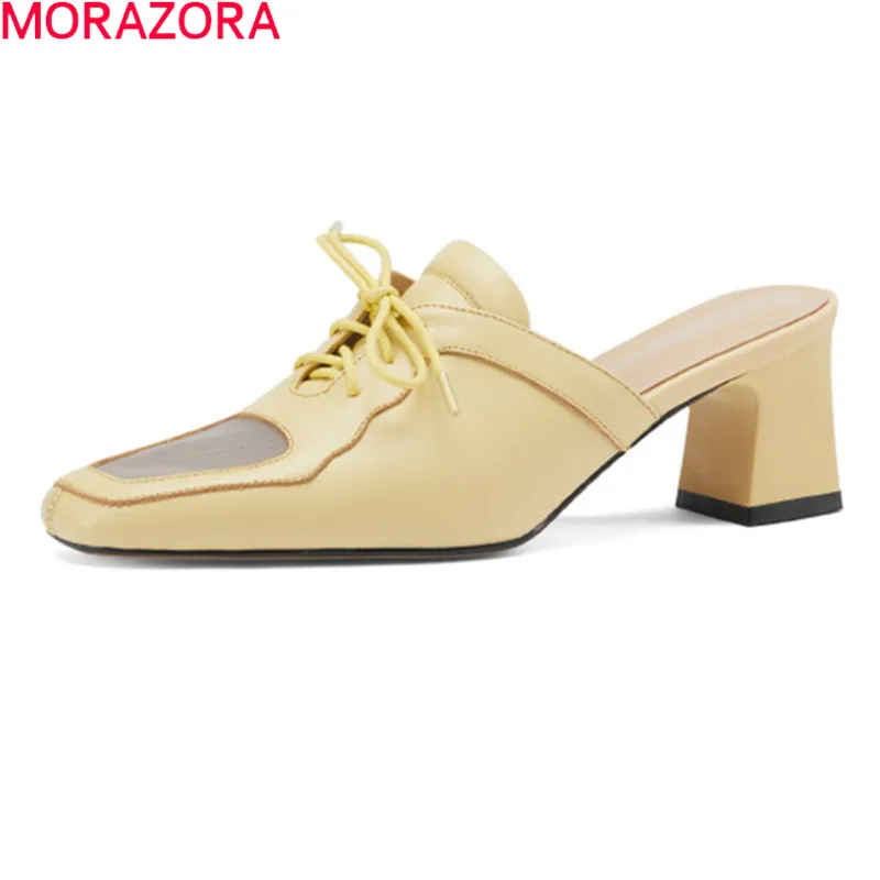 

MORAZORA 2021 New Arrival Women Slippers Thick Heels Square Toe Ladies Mules Shoes Genuine Leather Summer Casual Single Shoes
