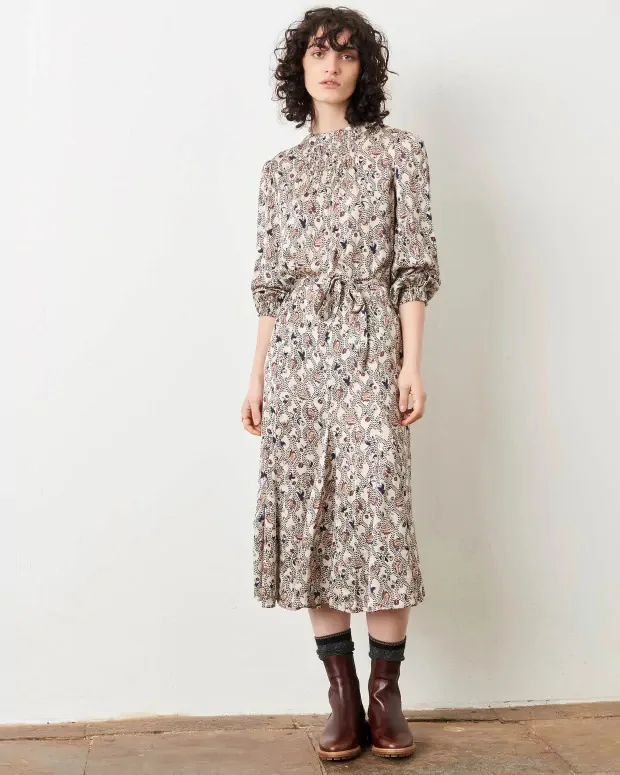 

Women Dress 2021 Autumn Retro Floral Printing Lantern Sleeve Long-sleeved Midi Dress