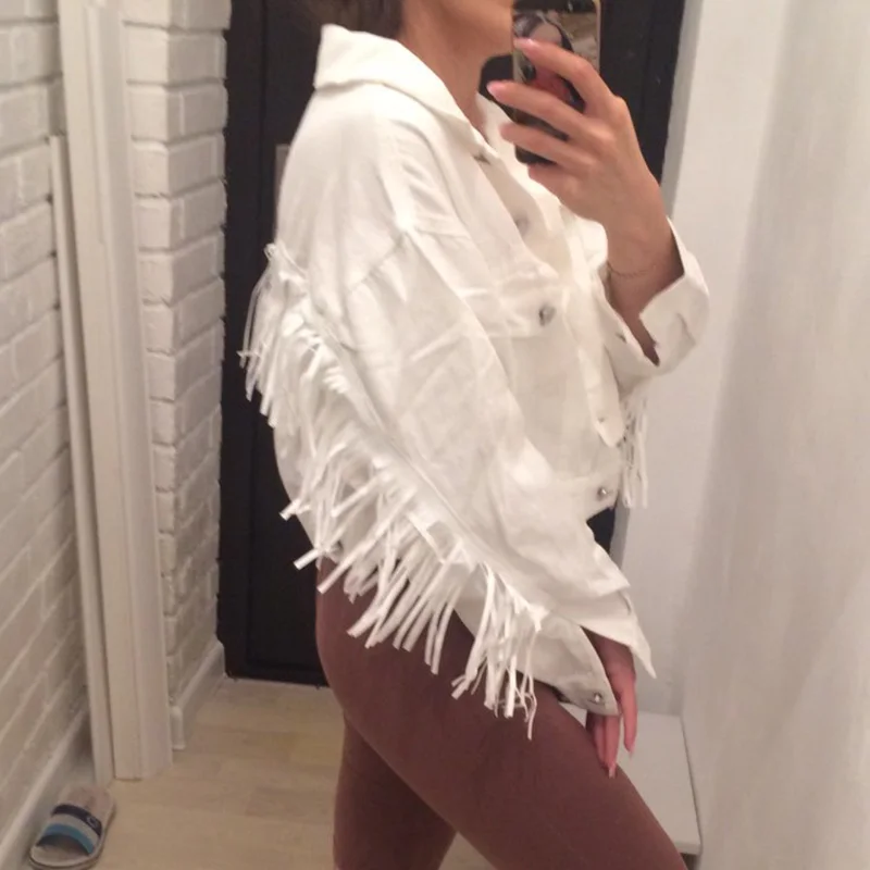 Женские джинсовые короткие куртки с кисточками осенние модные топы Женская