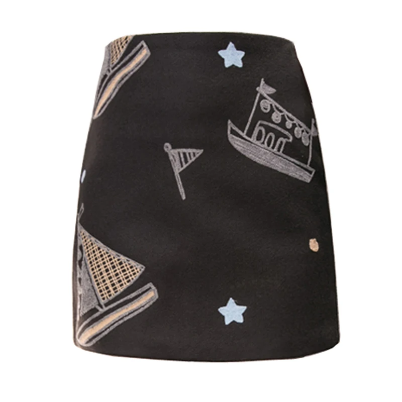 

PERHAPS U Black Green Blue Blend Ship Embroidery Pencil Zipper Thick Autumn Winter Chic Elegant S0282
