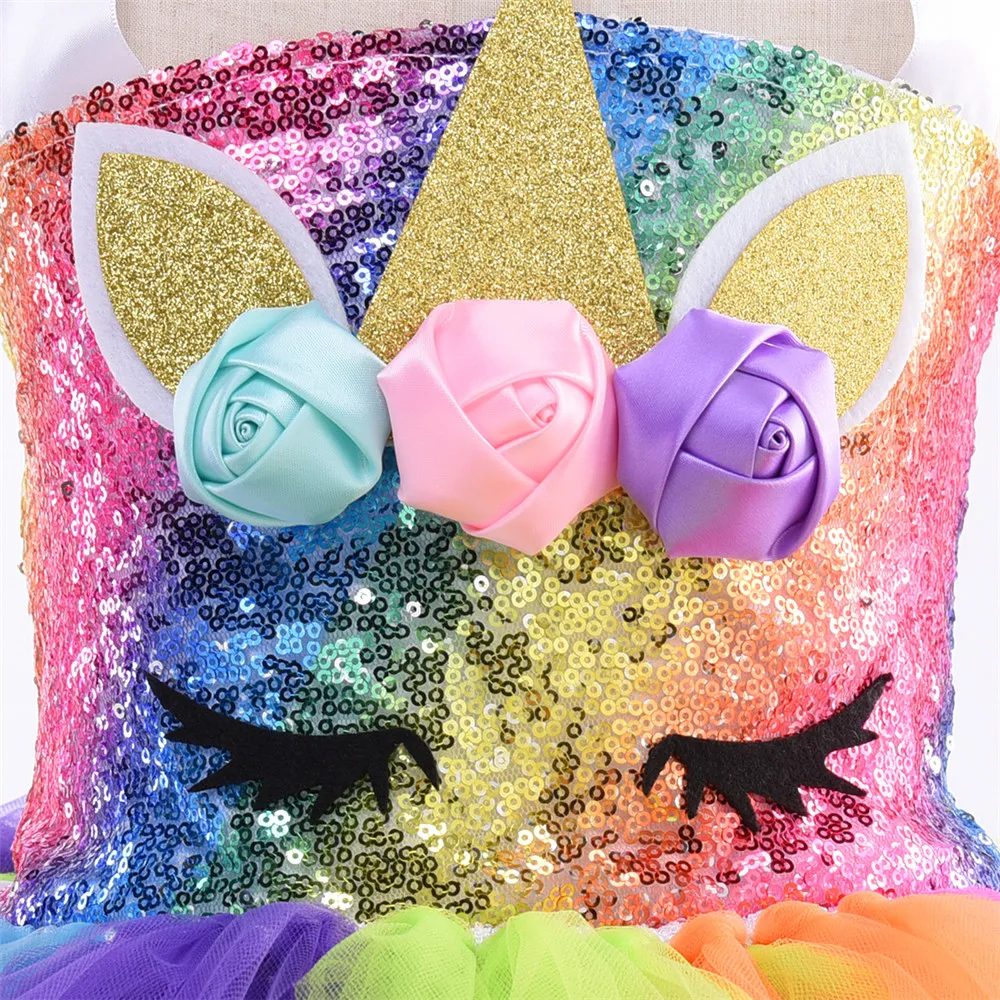 Платье-пачка с радужными блестками и единорогом для девочек комплект одежды дня