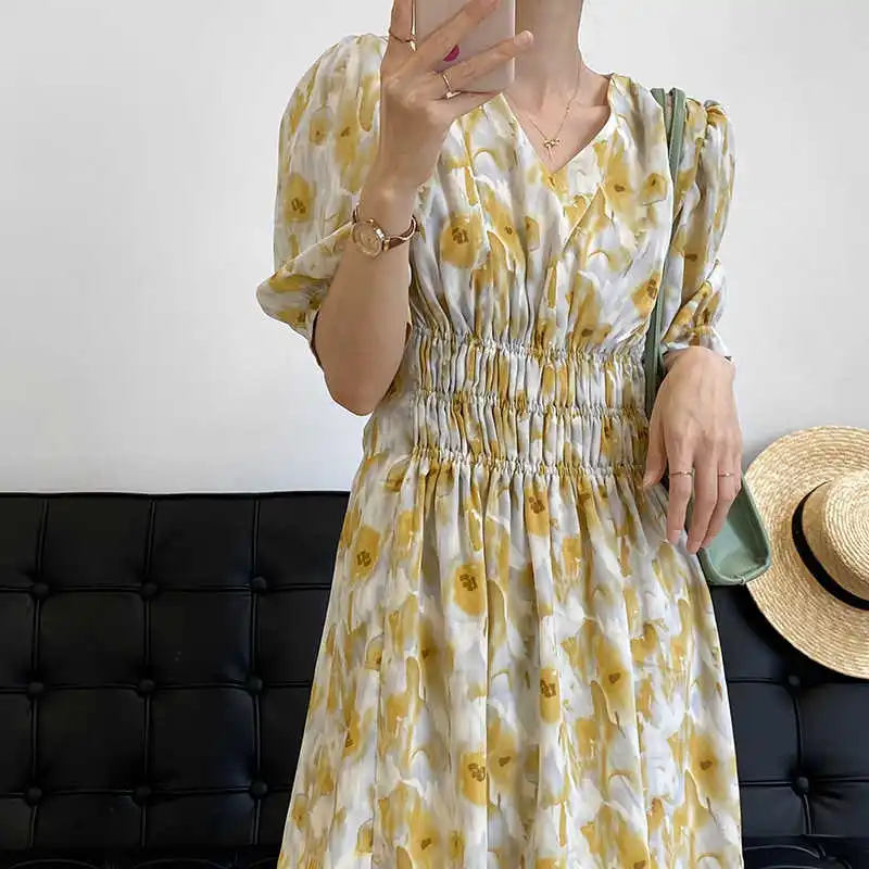 

COZOK Gentle Wind V-neck Short Sleeve Floral Dress Women's Summer 2021 Waist Fold French Short Skirt 5159