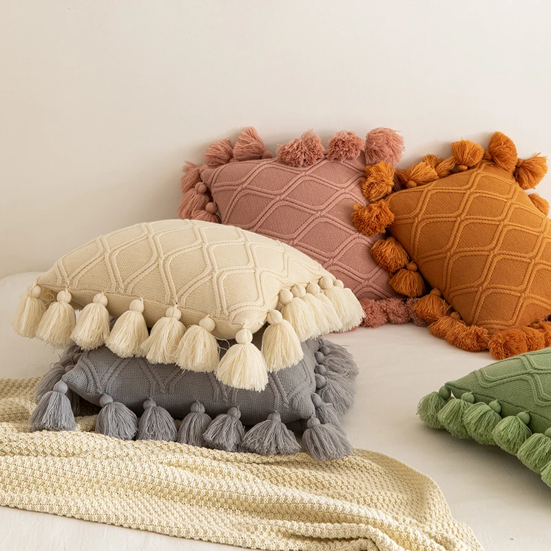 

Knit Soft Cushion Cover 45x45cm Boho Style Ivory Green Pink Tassles Home Decoration Pillow Cover for Living room Bedroom