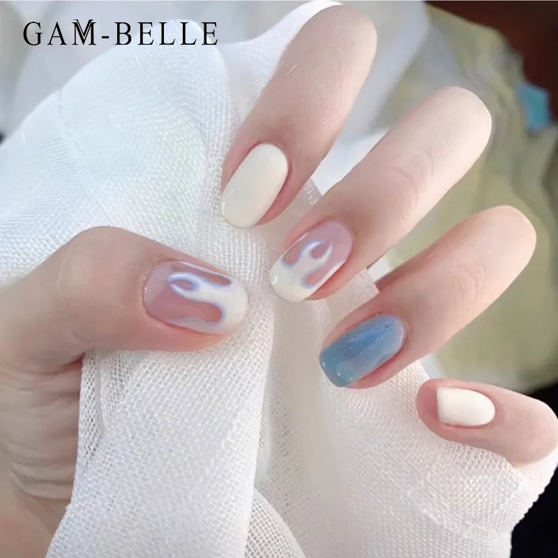 

GAM-BELLE синий белый узор пламени поддельные ногти французский короткий пресс на художественное оформление ногтей искусственные накладные но...