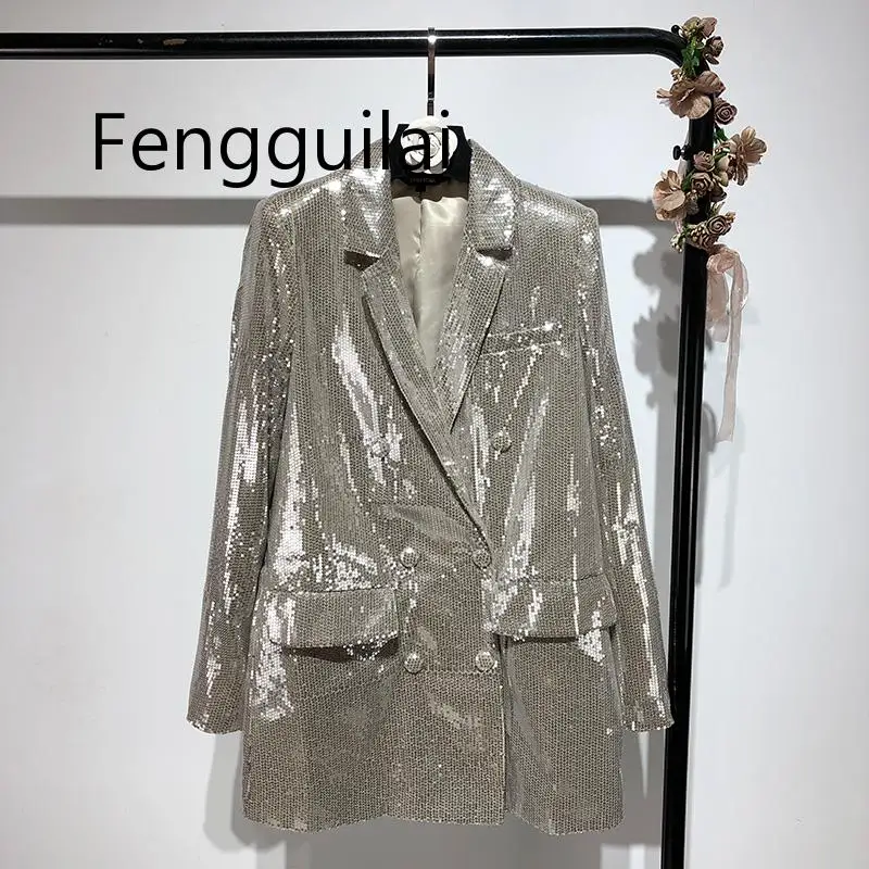 FGFL1 FENGGUILAI Double Breasted Blazer Sequins Club Blazer Long Sleeve Suit Coat Jacket Chic Women BlingBling Blazers Female - Цвет: FGFL1