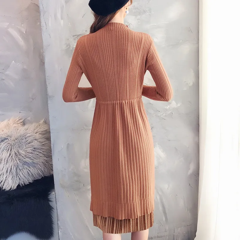 Женское трикотажное платье свитер средней длины на пуговицах|Женские платья| |