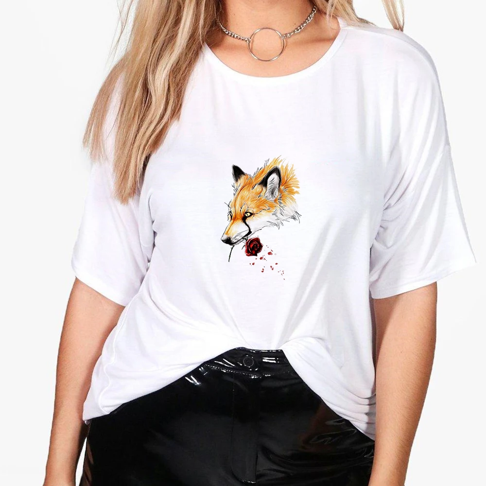

United Kingdom Popualr Lady Shirt Fox and Rose Printed Aesthetic Clothes European style Trend Tumblr Tops Fashion Designer