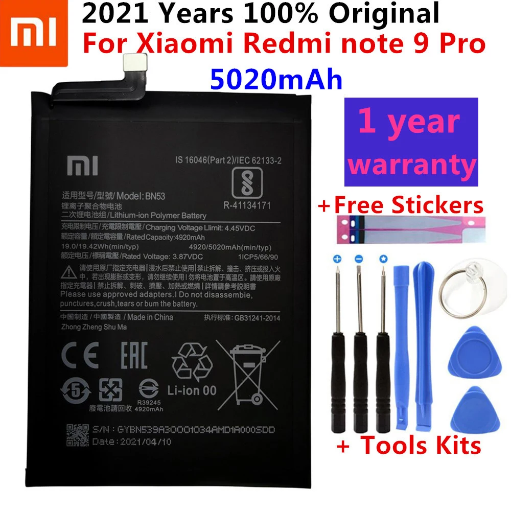 100 original new 4920mah bn53 replacement battery for xiaomi redmi note 9 pro bateria mobile phone batteries free tools free global shipping