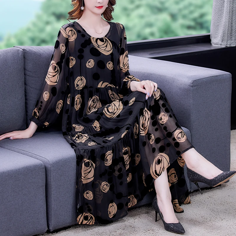 

COIGARSAM Women Long Dress Spring 2021 New Office Lady Half Sleeve Print Loose Spaghetti Strap O-Neck Black Dresses Traf Robe