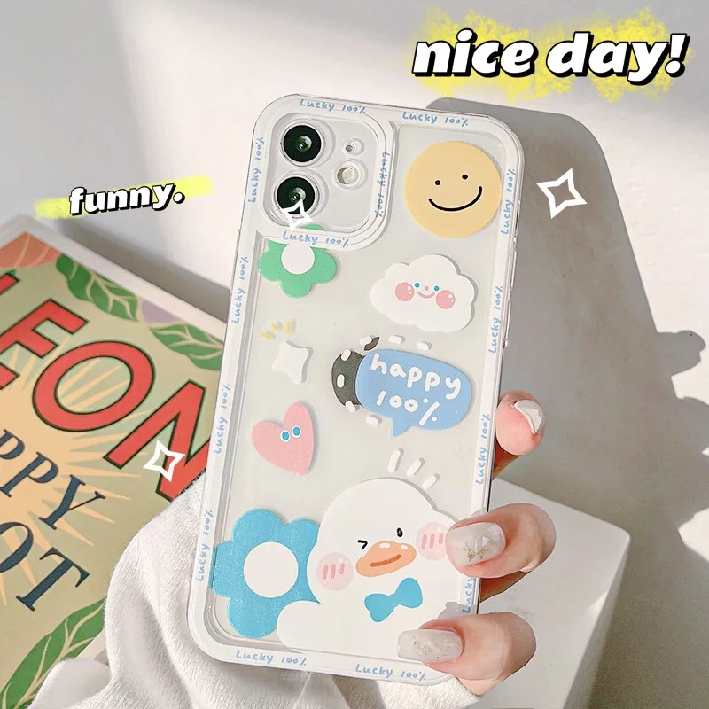 Cute Cartoon Duck Korean Phone Case For iPhone 12 11 Pro Max X Xs Max Xr 7 8 Puls SE 2020 Cases Cute Smiley Soft Silicone Cover