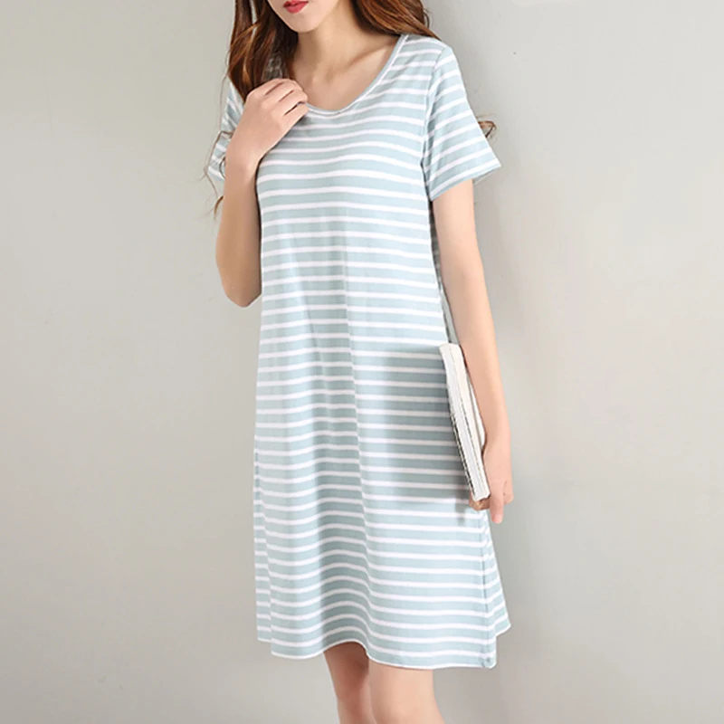 Plus Size Night Dress For Women Short-Sleeved Striped Nightgown Modal Cotton Loose Soft Nightwear Tops Women's Leisure Sleepwear
